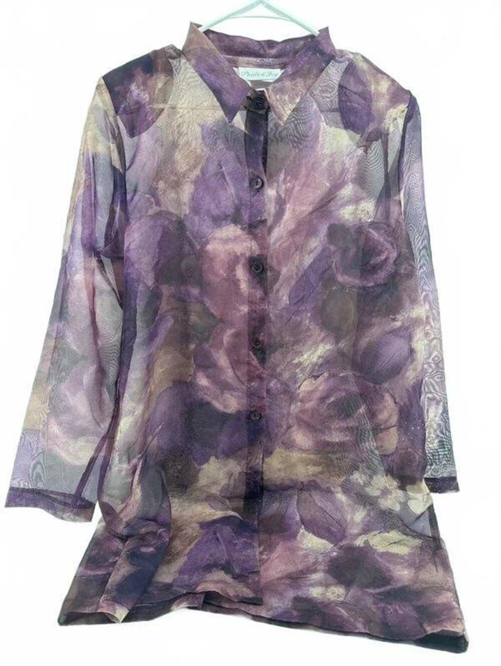 Pride & Joy Purple Floral Sheer Button Up Blouse XL 16 18 Top